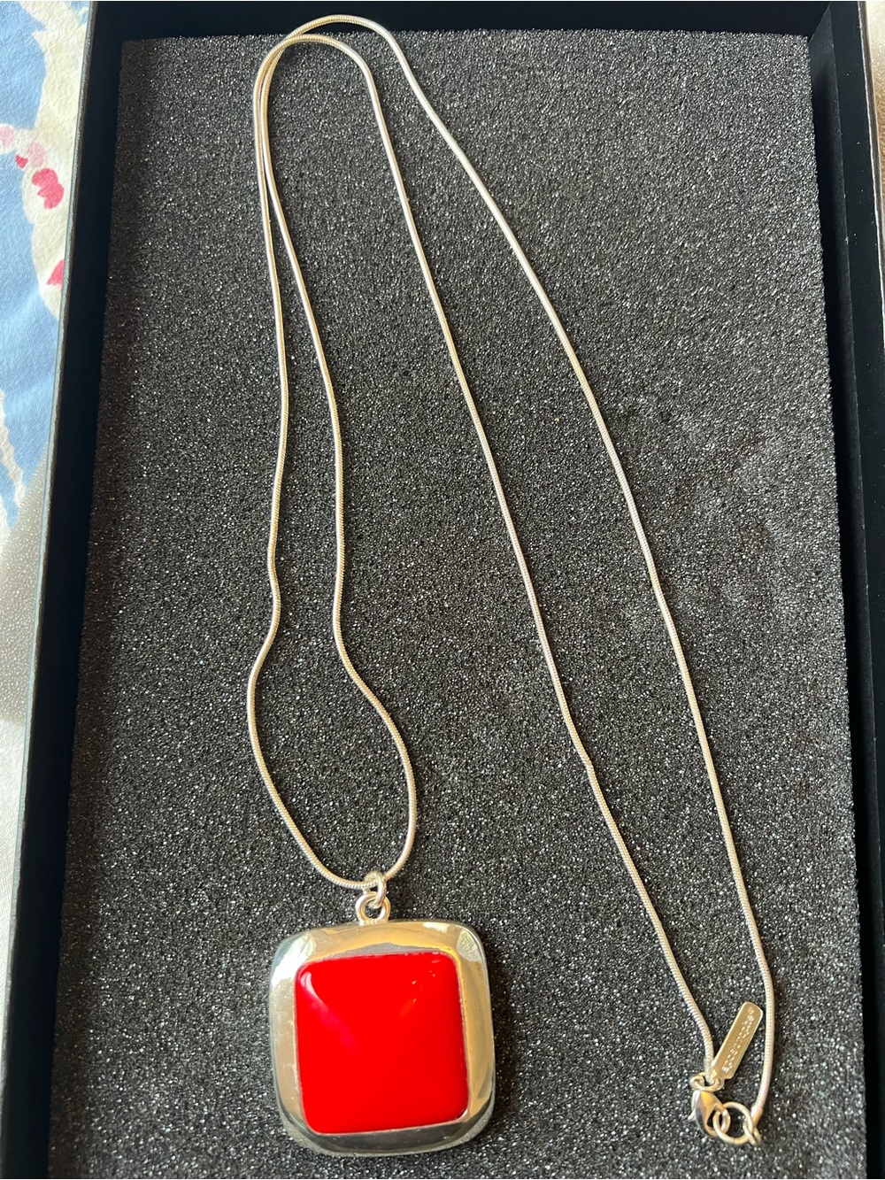 Apostrophe Red and Silver Tone Square Necklace